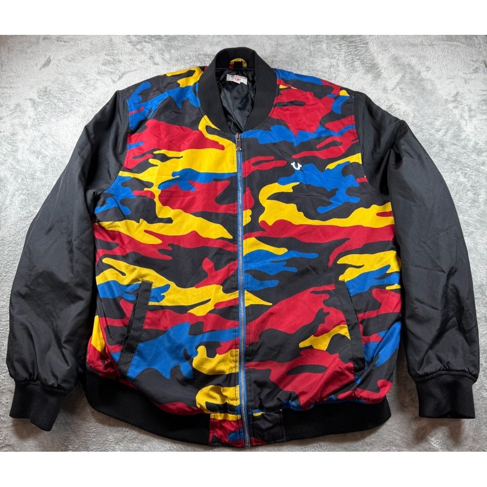 True Religion Bomber Jacket 3XL Multicolor Camo Red Yellow Blue Black